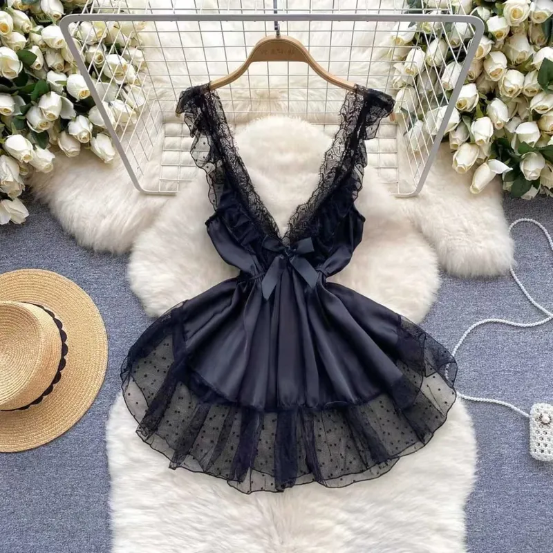 Women Sensual Lace Dress Women V-Neck Open crotch Slim Comfortable Dress Fashion Breathable Sheer Mesh Short Dress New