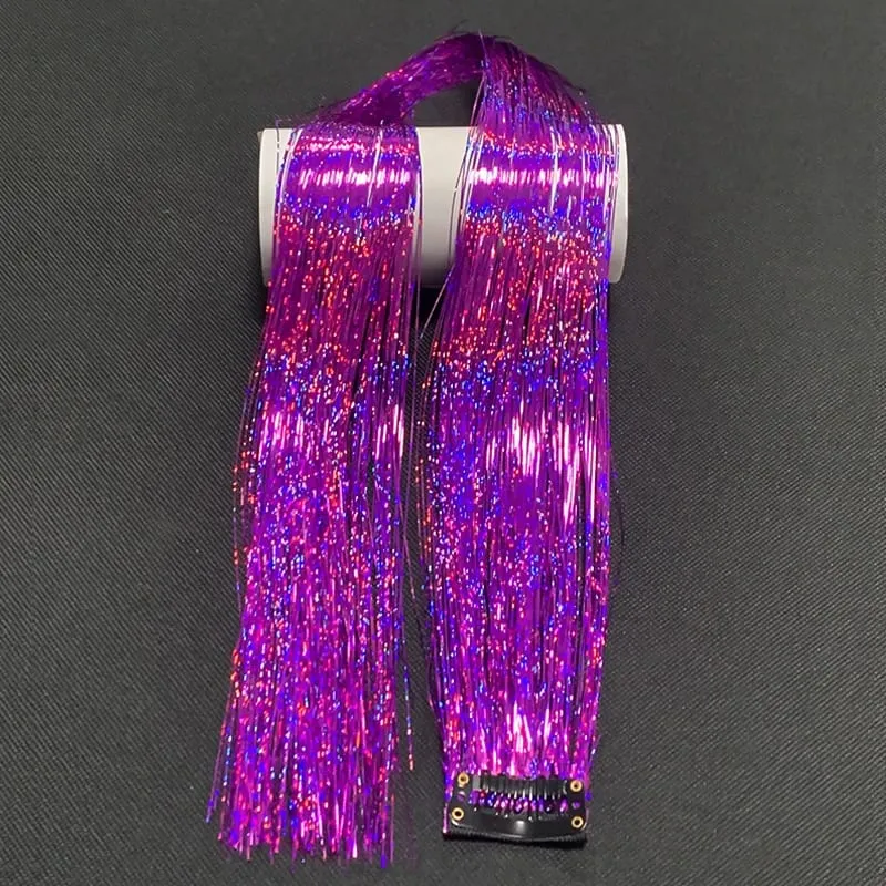 Synthetic Rainbow Tinsel Hair Extensions Clip In Shiny Glitter Wig Hairpiece for Women Party Cosplay Daily DIY Hair Accessory