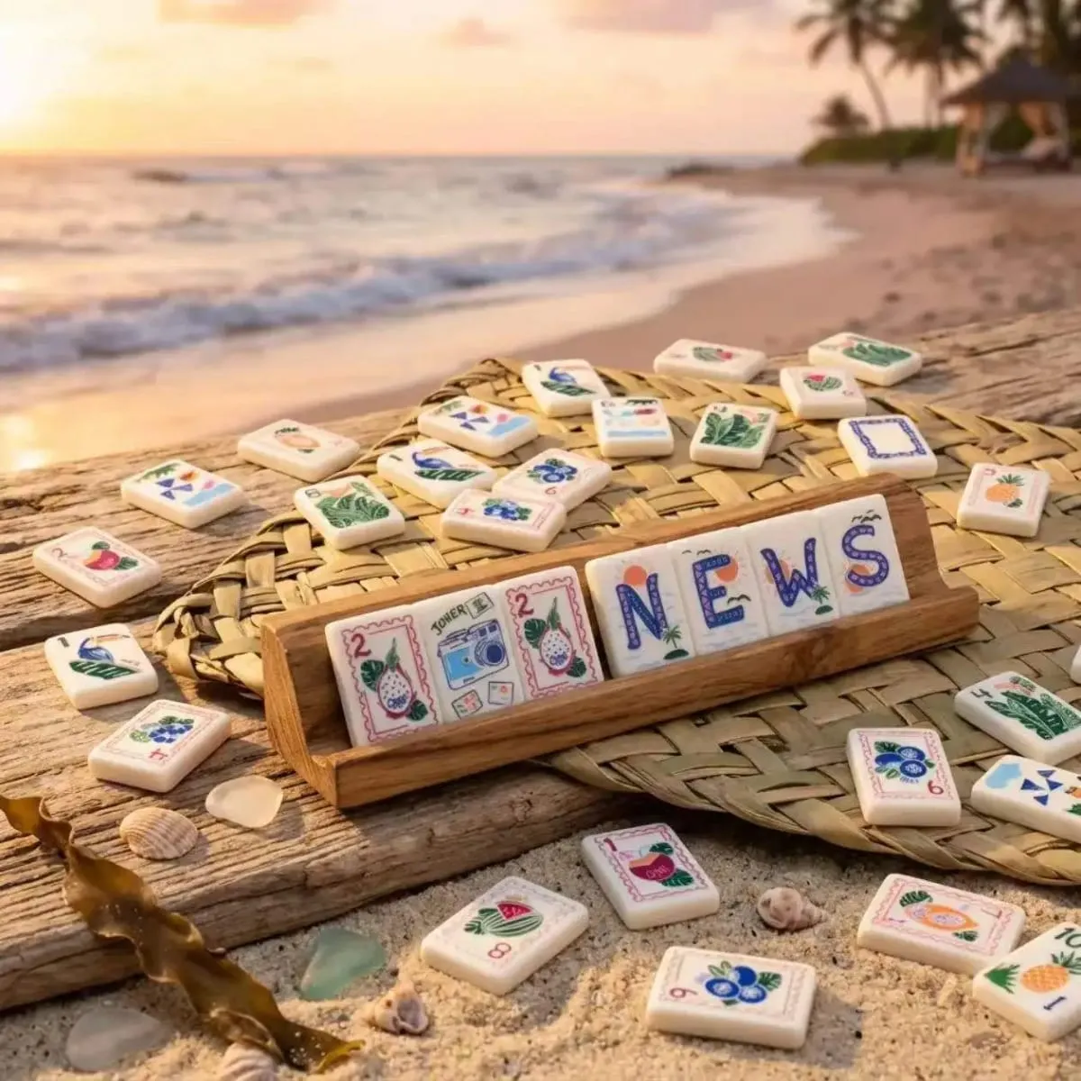 Tropical Beach Fruit Theme American Mahjong Tiles Double-sided UA Printing Acrylic Mah Jong Set Leisure Board Game Christmas