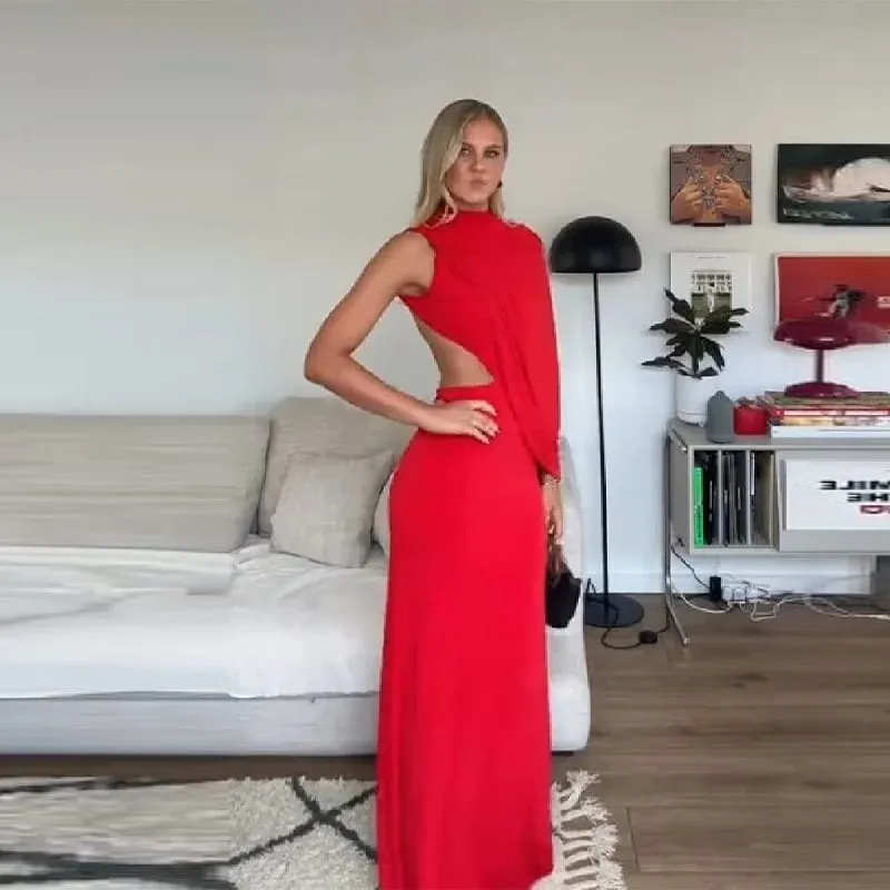 Robe Maxi drapée asymétrique rouge, dos nu, asymétrique épaule dénudée, col haut, découpe, moulante, robe de soirée pour femmes, soirée formelle — image 2