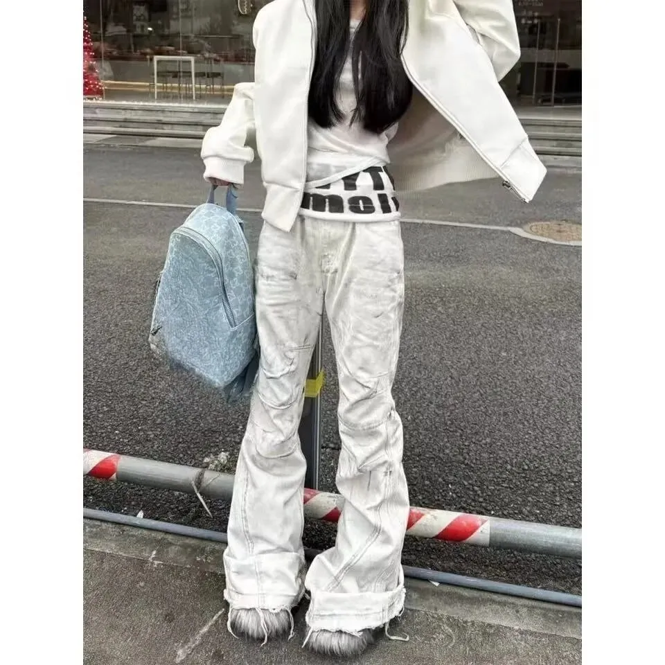 Women American Retro Y2K Flare Jeans White Washed Patchwork Y2K Vintage Hrajuku Punk High Waist Slim Streetwear Denim Pants