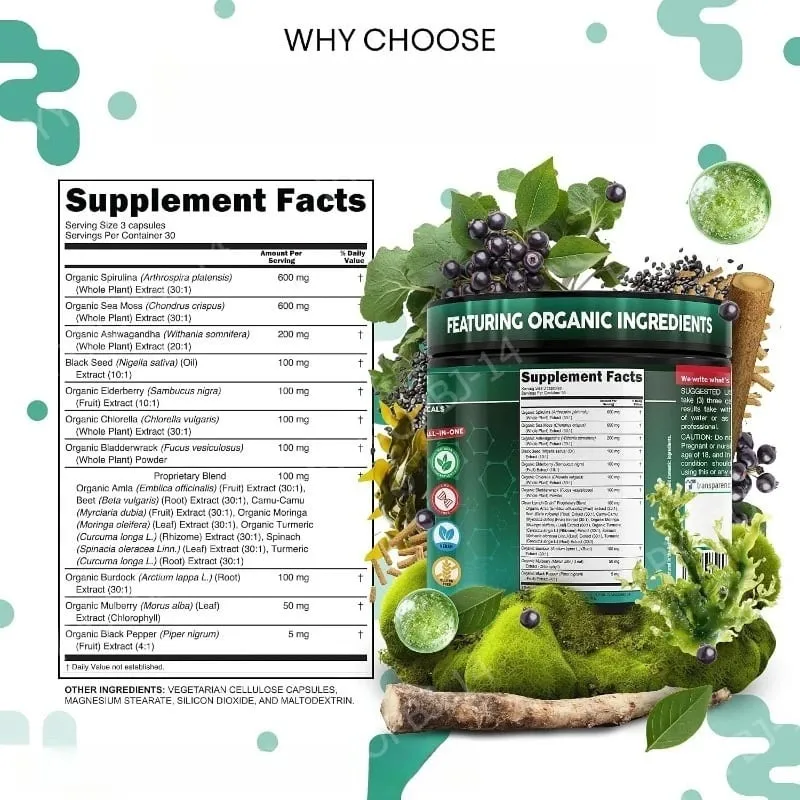 Organic Lymphatic Drainage Supplements with Elderberry Burdock Root Chlorella & Ashwagandha 90 Count Daily Wellness