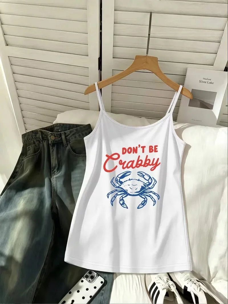 Women Summer Spaghetti Strap Cami Tank Top Beach Flip‑flop Seashell Print Sleeveless Camisole Casual Holiday Y2K Daily Wear Tops