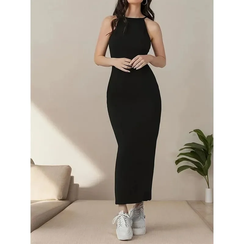 2026 Elegant Sexy Fashionable Women's Solid Color Sleeveless round Neck Slim Fit Dress Waist Cinched Long Skirt