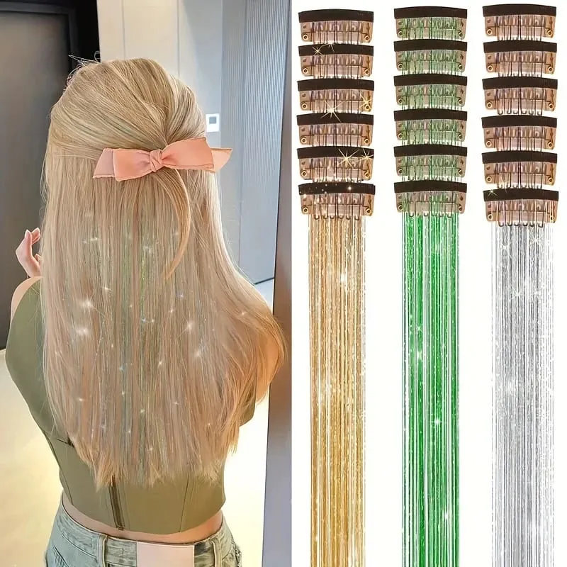 12pcs Per Pack of BB Hair Clips Shiny Metallic Hair Extensions with Clips Fairy Hair Sparkling Hair Accessories for Women.