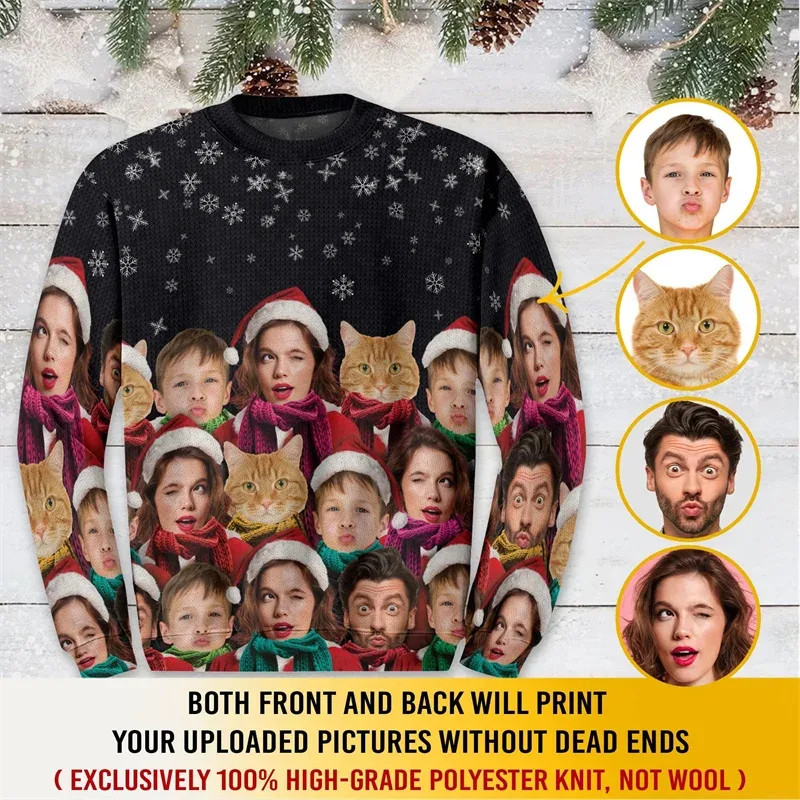 Custom Family Photo Christmas Sweatshirt Personalized Face Picture Print Xmas Tree Ugly Christmas Long Sleeve Party Tops