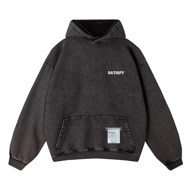 Elf-Adhesive SATISFY Flocking Print Hoodie Sweatshirt Jacket Street Style Loose Fit Long Sleeve for Young Men And Women