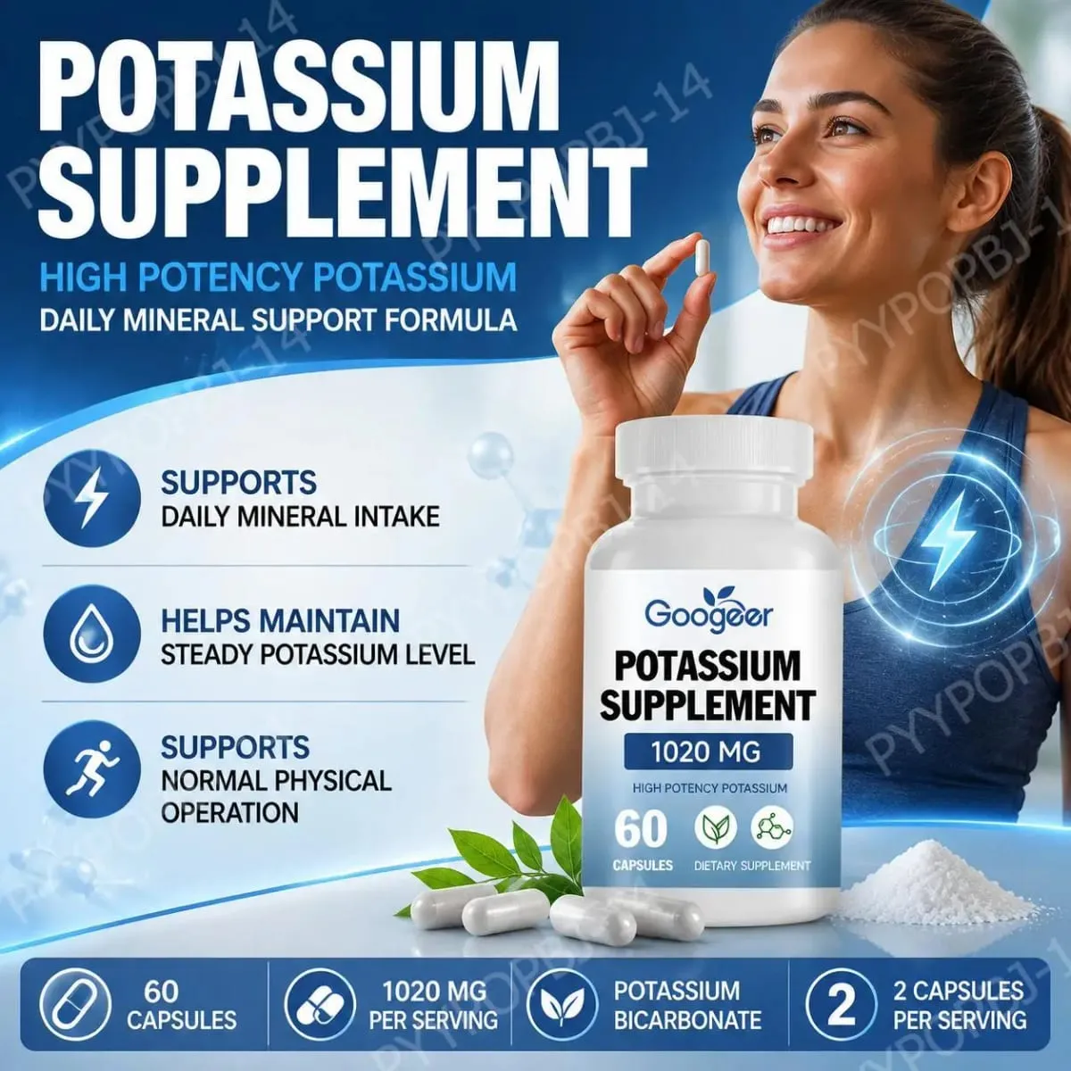 Googeer Potassium Supplement Capsules for Daily Mineral Gap Support 1020 Mg Equivalent Steady Potassium Level 60 Capsules