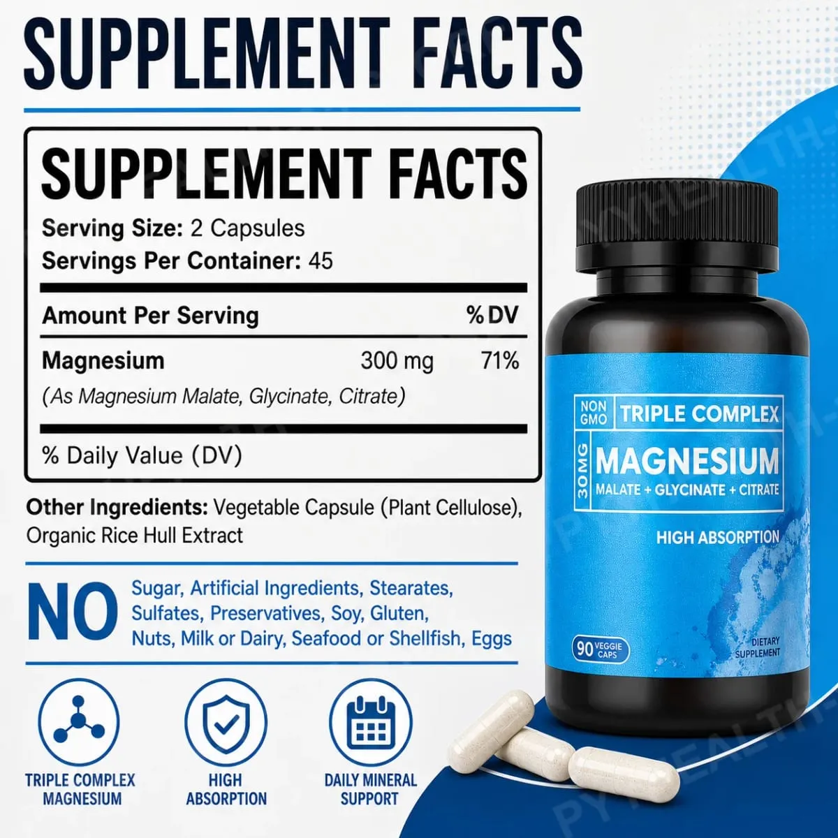 Triple Magnesium Complex 300mg Malate Glycinate Citrate High Absorption Daily Mineral Supplement Vegan Non GMO 90 Veggie Caps
