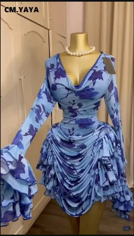 CM.YAYA Kvinder Tie Dye Print Cascading Flæser Bell Langærmet Bodycon Ruched Draperet V-hals Kjole Ferie Strand Ferie Kjoler — image 7