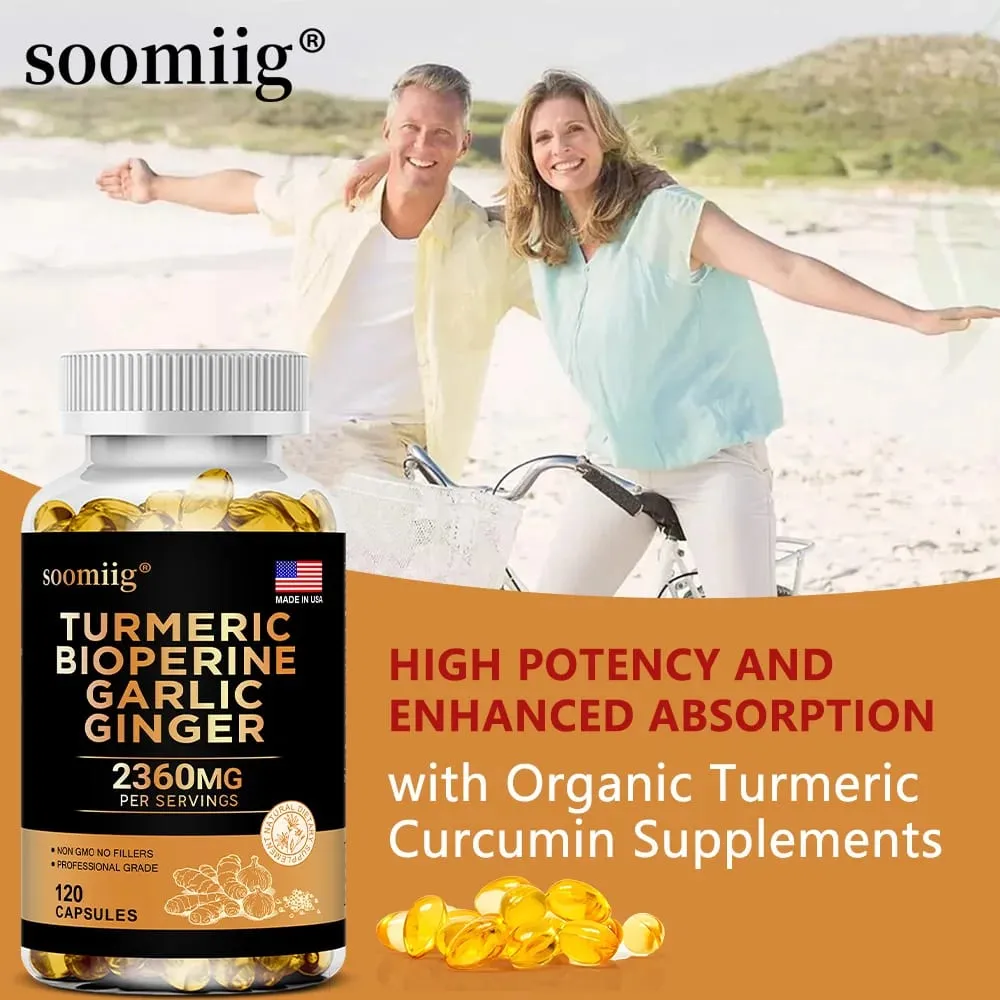 4-in-1 Turmeric and Garlic Supplements with Bioperine 2360 mg Ginger Root Capsules for Joint Digestion & Immune Health Support