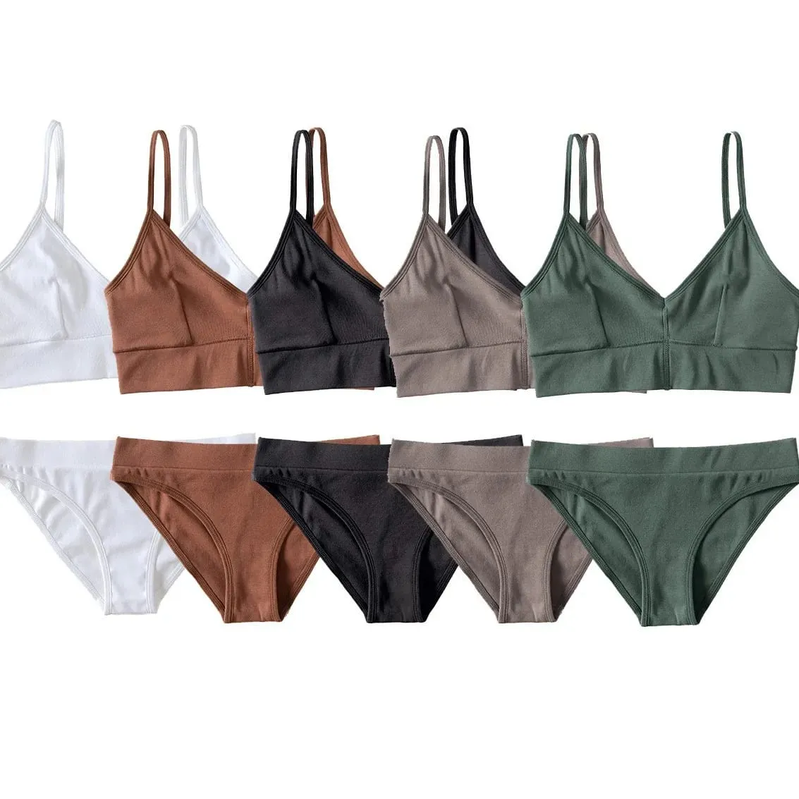 Solid Color Ribbed Wireless Bralette Set Women's Thin Strap Camisole Bra with Triangle Briefs Lingerie