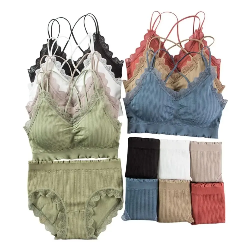 1Set Casual Lace Women Seamless Bra Set with Bra Pads V-Neck Lingerie Set Comfortable Breathable Underwear Set — image 4
