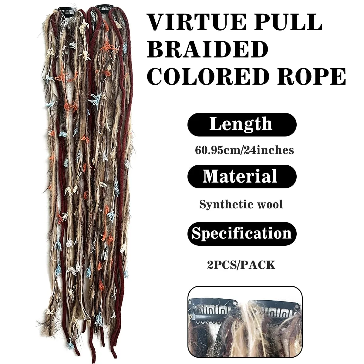 Synthetic 2Pcs Wool Yarn Dreadlock Clip Hair Extensions Maillard Long Boho Tassel Colored Vintage Braids Hair For Woman