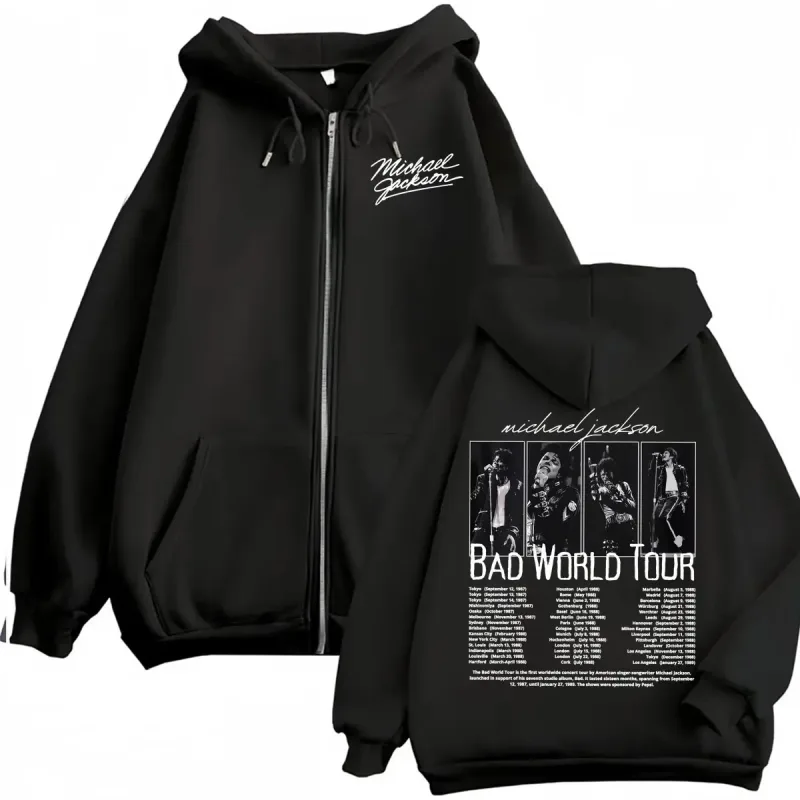 King of Pop Michael Jackson Bad Era Zipper Hoodie Men Women Harajuku Streetwear Jacket Sweatshirt Fleece Casual Zip Up Pullovers