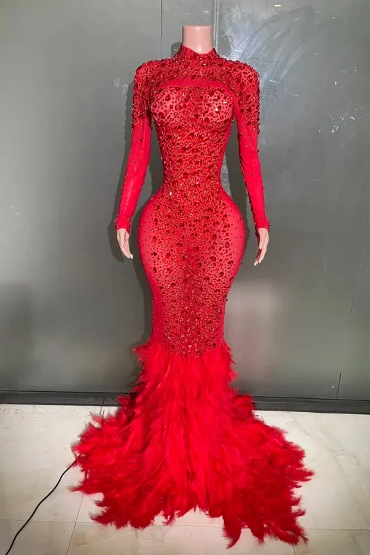 Black Red Women Long Sleeve Sexy Sparkly Crystal Mesh See Through Feathers Floor-length Mermaid Dress Evening Party Prom Outfit — image 7