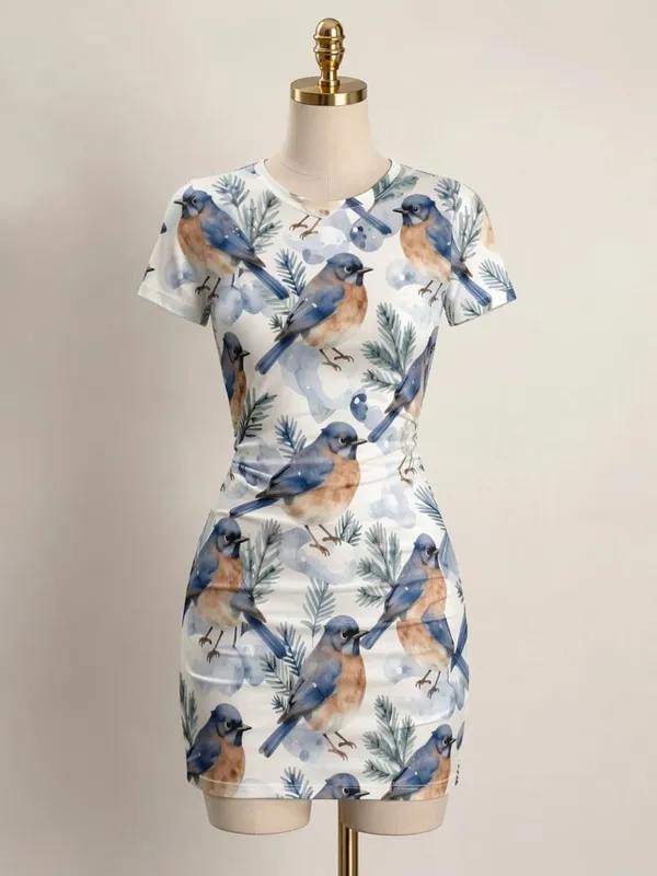 Womens Short Sleeve Bodycon Mini Dress Slim Fit Crew Neck Floral Print Casual Summer Party Flattering Lightweight Party Sundress — image 14