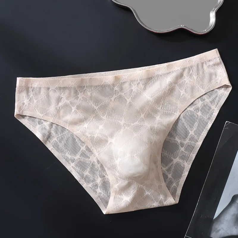 Men Sexy Lace Thin Ice Silk Briefs Underwear For Man Bulge Pouch Low Waist Very Hot Lingerie Solid Unisex Panties Men's Clothing