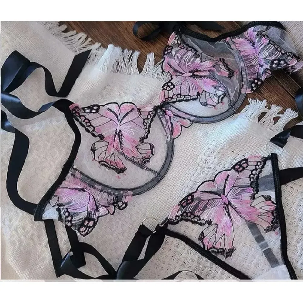 Modest Romantic Lace Butterfly Embroidery Bra Sheer Mesh Camisole Sleepwear Women Daily Wear Push Up Soft Lingerie Set 34-40