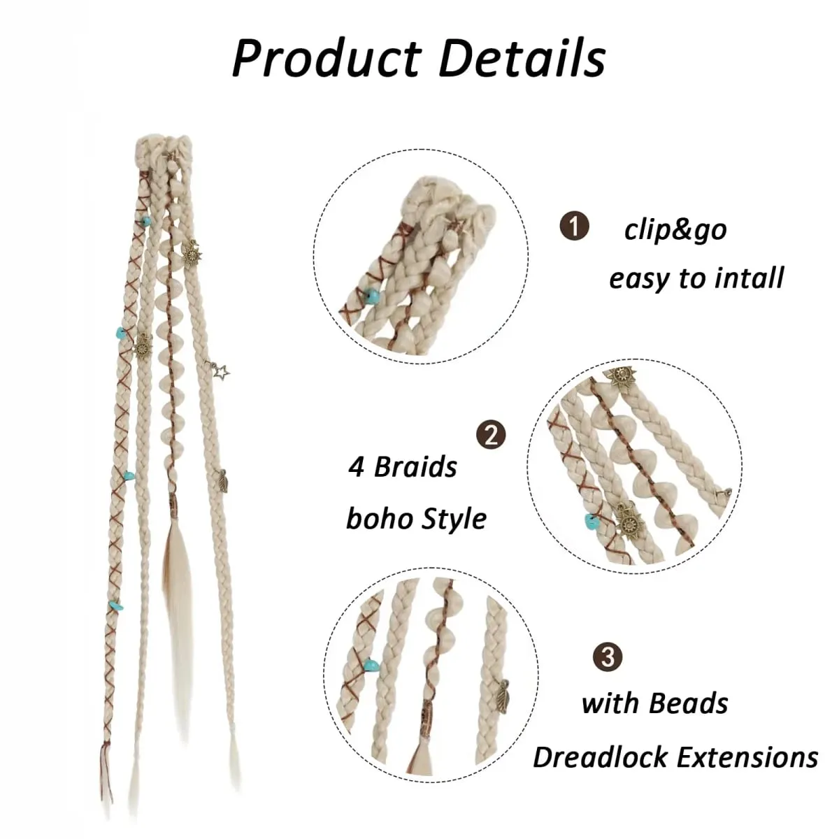 Clip in Braid Hair Extensions for Women 20" Boho Dreadlock Clip in Braids with Beads & Charms 2PCS Synthetic Braided Hairpiece
