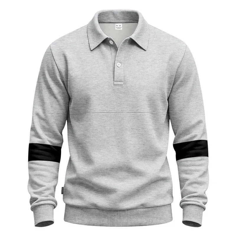 Men Lapel Polo Sweatshirt, Color Block Long Sleeve Pullover, Loose Solid Casual Top for Spring Autumn Daily Outfit