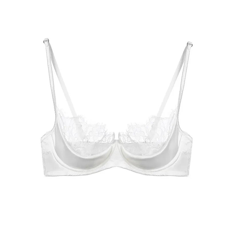 Women French Lace Half Cup Lingerie Set Green Ultra Manipis Sheer Soft Kumportable Underwire Bra Para sa Maliit na Bust 32‑38AB — image 11