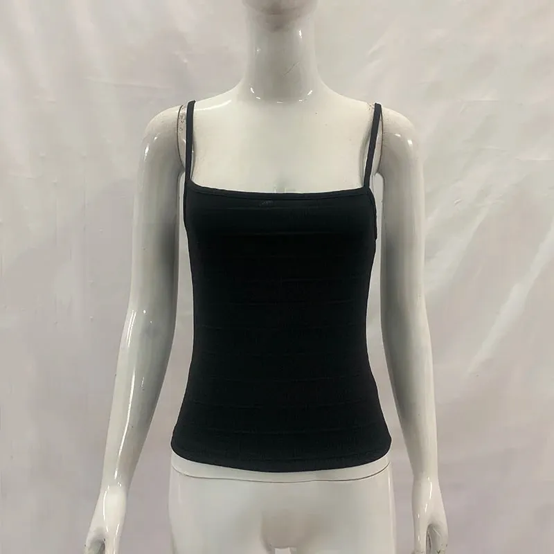 Women Summer Solid Color Bandage Camisole Slim Fit Square Neck Spaghetti Strap Ribbed Knit Cami Top