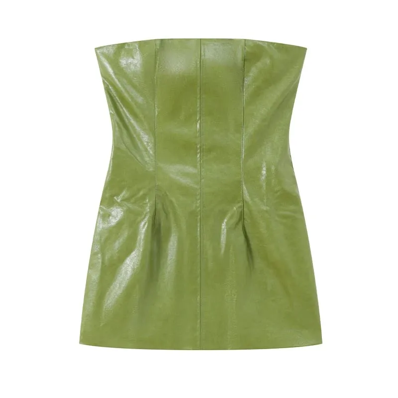 Vintage Green Leather Skirt Sets Women Fashion Solid Strapless Short Skirts Zipper Jacket Outfits Lady Daily Highstreet Outfit