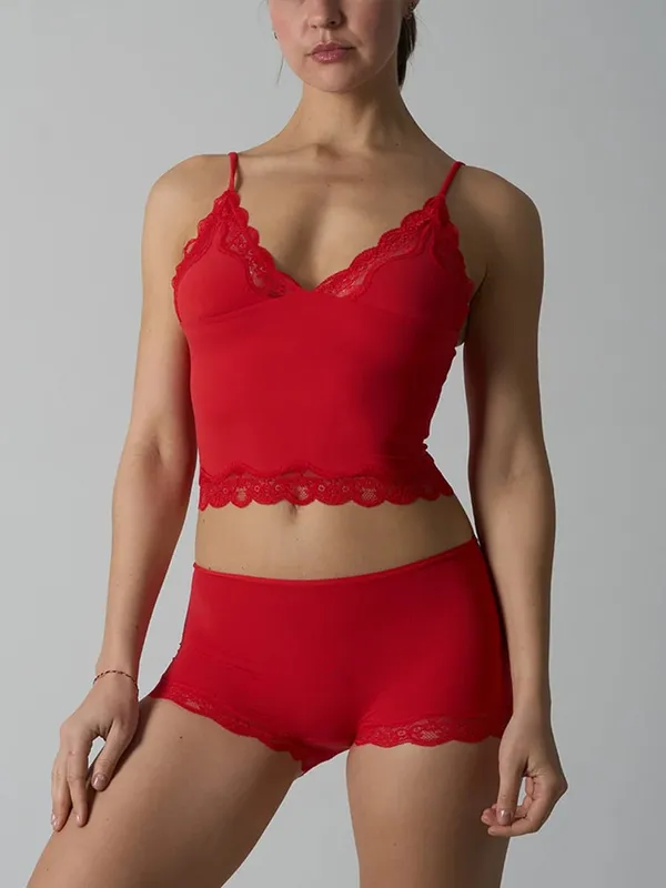 Pink Lace Trim Bra Sets Woman Sexy Triangular Cup Seamless Bras+Low Waist Boxer Briefs Solid Soft Comfort Underwear 2 Piece Set