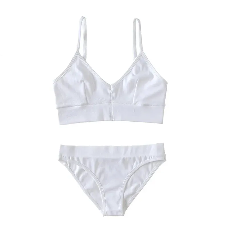 Solid Color Ribbed Wireless Bralette Set Women's Thin Strap Camisole Bra with Triangle Briefs Lingerie