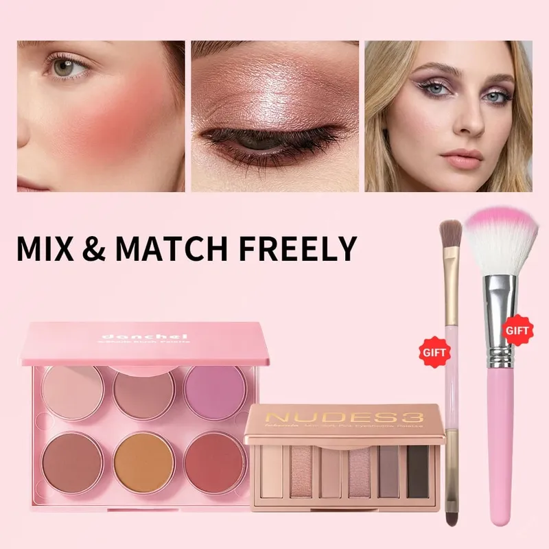 Sombra nude fosca brilhante e paleta de pó de blush em 6 tons, kit de maquiagem para olhos e rosto misturável de longa duração com pincéis aplicadores — image 2