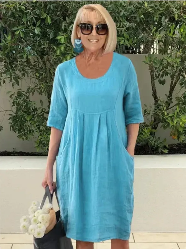 Plus Size 1XL-5XL Women's Loose-Fit Cotton-Linen Pocket Summer Round-Neck Short-Sleeve Dress and Beach Party Dress