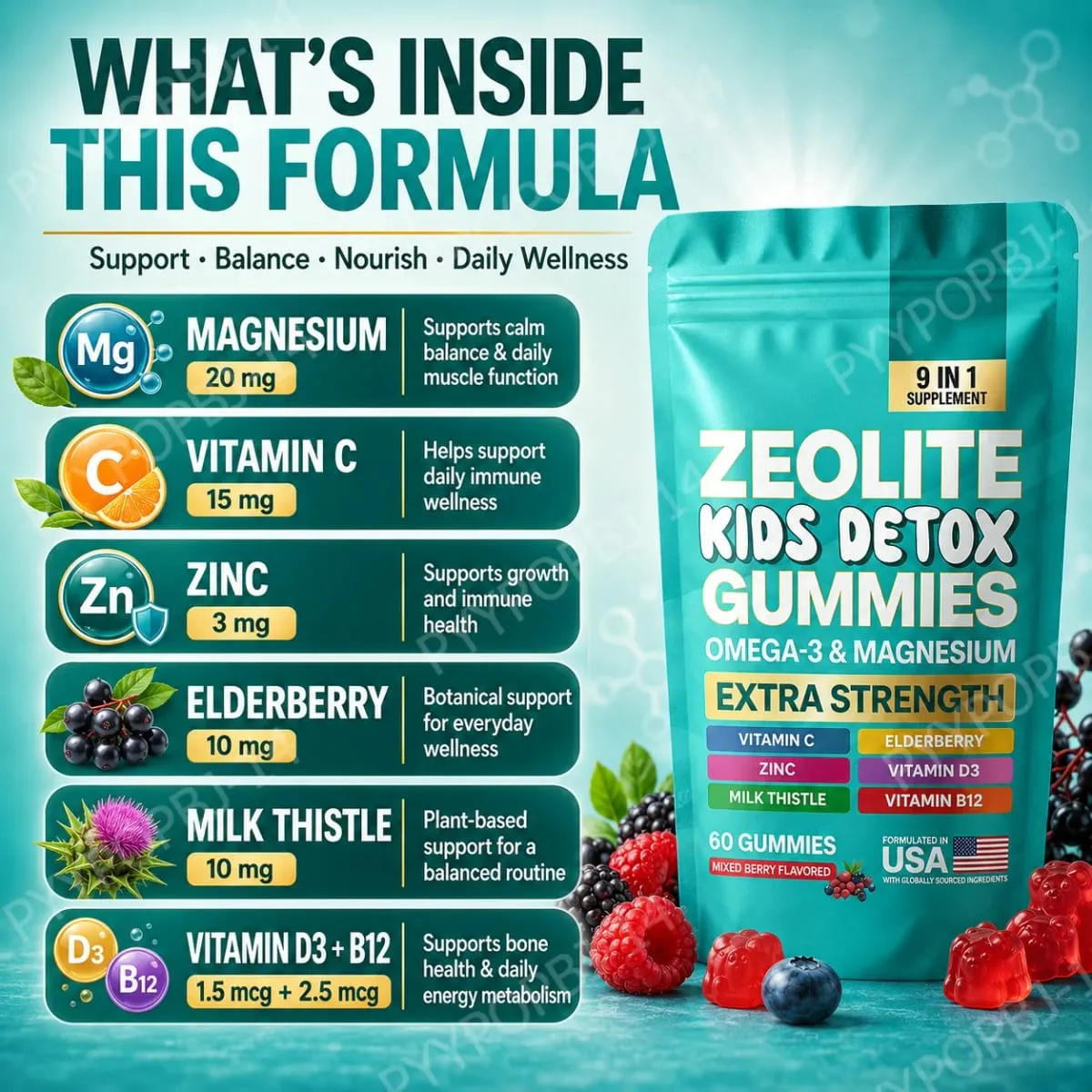 Kids Wellness Gummies with Omega-3 Magnesium Vitamin C Daily Nutritional Support Mixed Berry Flavor 60 Gummies