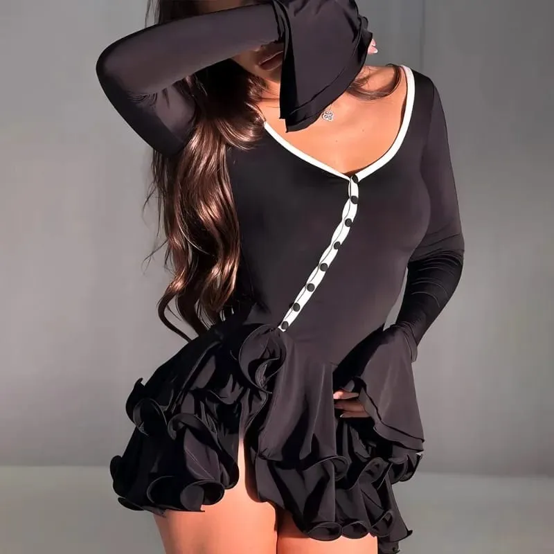 Sexy Petal Sleeve Waist Single Breasted Mini Dress For Women V Neck Ruffle Hem Asymmetrical Buttons Long Sleeve Dresses