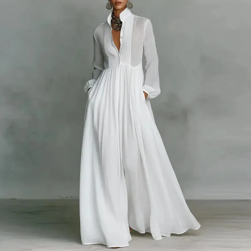 Francouzské elegantní swingové dlouhé šaty s vysokým pasem žena jarní plné kapsy plisované maxi šaty podzimní večerní šaty s dlouhým rukávem — image 7