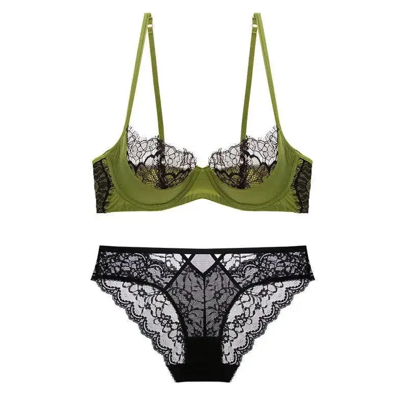 French Sheer Lace Lingerie Set Half Cup Thin Unlined Minimizer Bra Underwire Lift Support Large Bust Ladies Matching Briefs S-XL