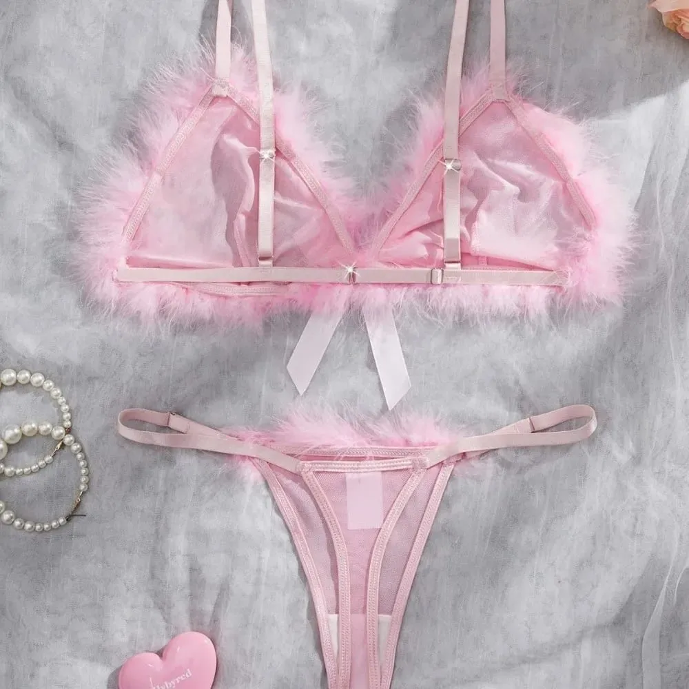 Furry Women's Underwear Mesh Transparent Wireless Lingerie Set Bow Decor Romantic Intimate Bra Panties Suit Anniversary