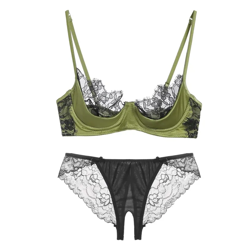 Women French Lace Half Cup Lingerie Set Green Ultra Manipis Sheer Soft Kumportable Underwire Bra Para sa Maliit na Bust 32‑38AB