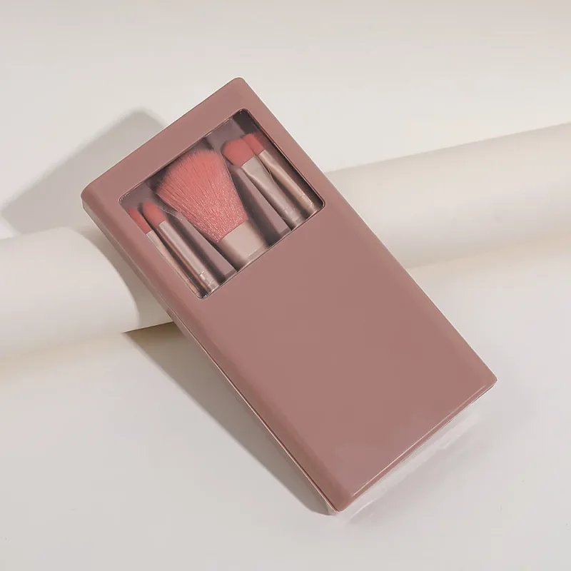 Portable Mini Makeup Brush Set with Mirror Case 5Pcs Travel Makeup Brushes for Foundation Eyeshadow Concealer