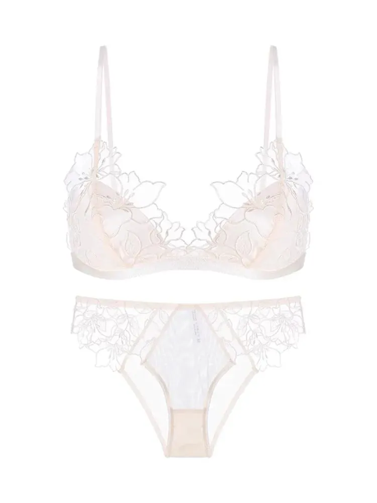 Women's French Embroidered Lace Bralette Set Ultra Thin Sexy Triangle Non Padded Wirefree Bra Small Chest Elegant Straps S-XL