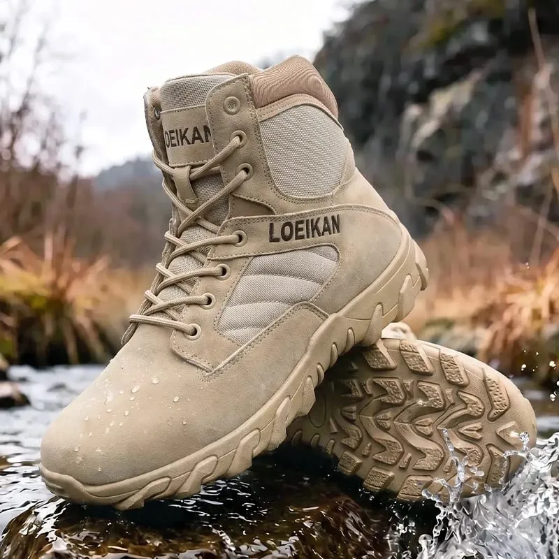Men's Tactical Combat Boots Suede & Mesh Upper Lace‑up Anti‑slip Thick Sole Male High‑top Boots For Hiking Outdoor Activities