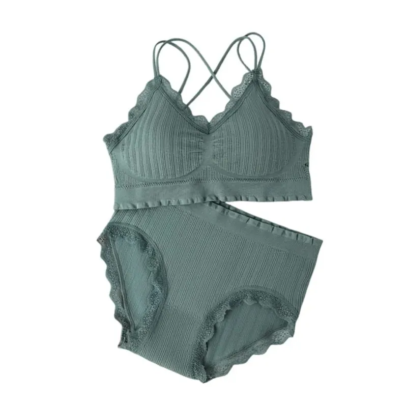 1Set Casual Lace Women Seamless Bra Set V-Neck Breathable Lingerie Set Comfortable with Bra Pads Underwear Set