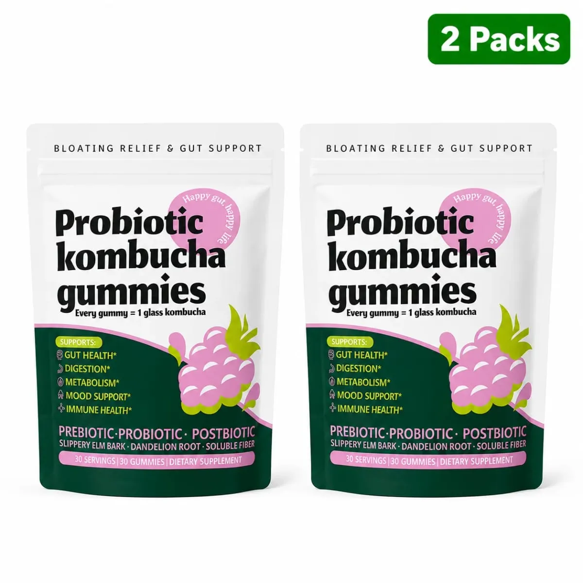 Probiotic Kombucha Gummies Berry 30 Ct Prebiotic Postbiotic Gut Health Digestion Bloating Relief Immune Vegan Non-GMO Supplement