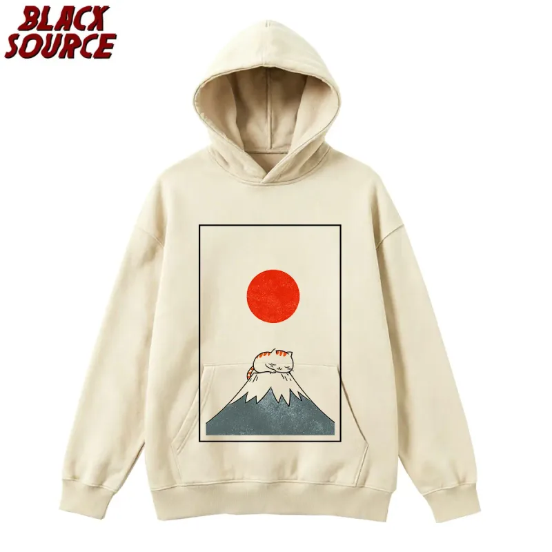T126 Funny Cat Graphic Hoodie, Japanese Cat Printed Pullover Sweatshirt, Men's Women's Harajuku Casual Streetwear