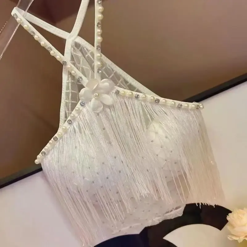 Decorative Halter Top with Padded Cups Long Tassel Pearl Sparkling Diamond Retro Millennial Style Sexy Halter
