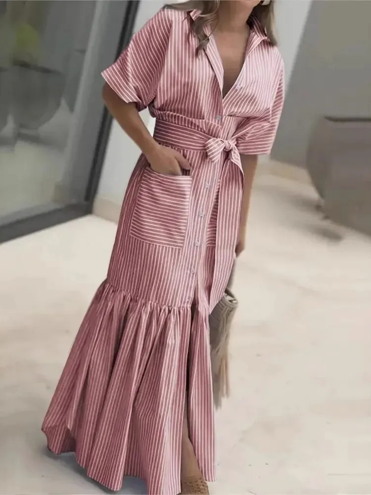 Striped Short Sleeved Loose Mid Length Lace Up Waist Dress With Single Breasted Pocket Shirt Dresses For Women Ropa Mujer