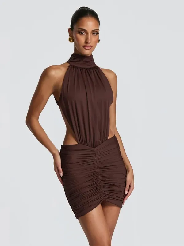 Chic Sleeveless Pleated Slim Mini Dress Women Sexy Solid Backless Hollow Out Round Collar Dresses Lady Evening Party Vestidos — image 11