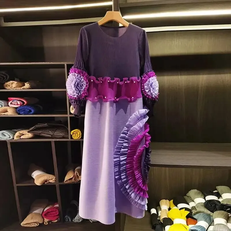Pleated Tie Flower Long Sleeve Women's Dress Chic New Loose Colorblock Patchwork Design Beading Famale Clothing 2DB6651 — image 3