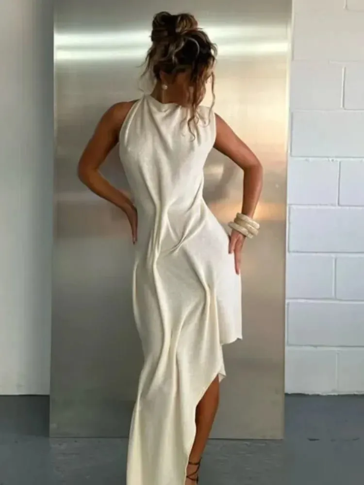 Romantic Soft Halter Maxi Dress Ruched Asymmetrical Women Dresses Anniversary Dinners Vacation Elegant Female Party Wear — image 1