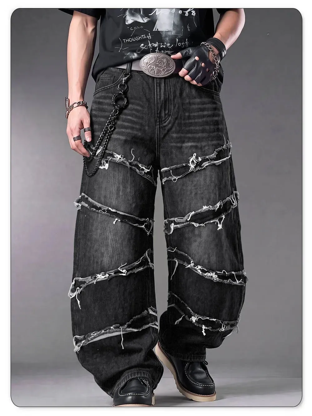 Men's Gothic Baggy Jeans Raw Frayed Edge Deconstructed Patchwork Wide Leg Denim Pants Y2K Punk Streetwear Trousers